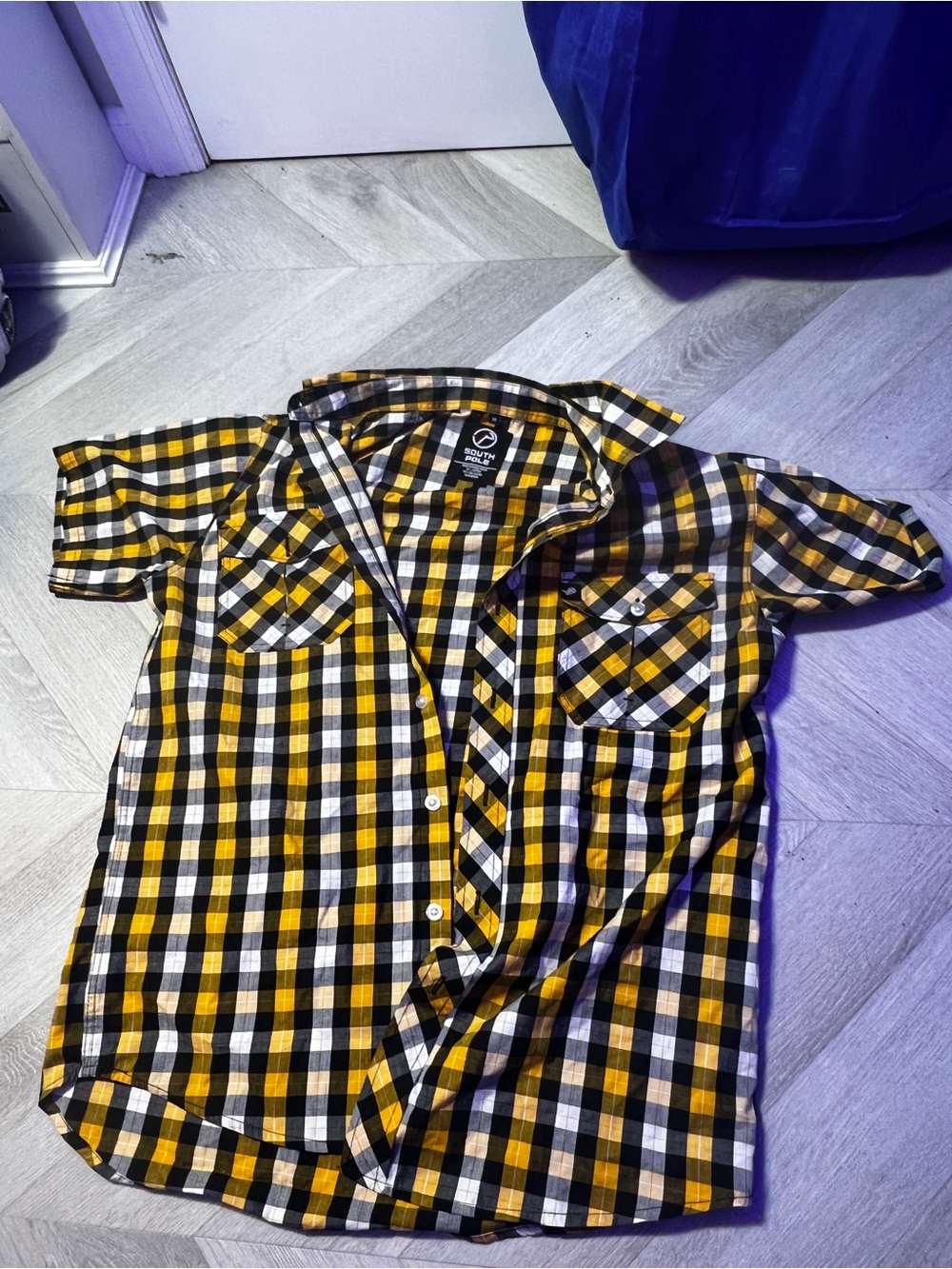 South Pole Yellow Black Plaid Short-Sleeve Button-Down Shirt